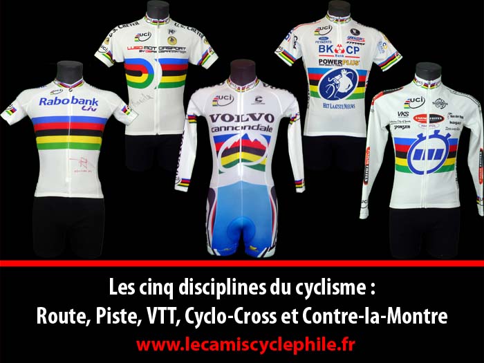 Les champions du monde des cinq disciplines du cyclisme : Route, Contre-la-montre, Piste, Cyclo-Cross et Montain-Bike
